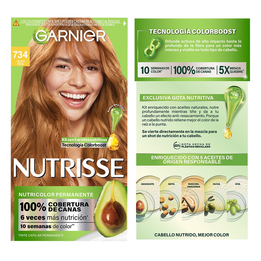 GARNIER NUTRISSE, NUTRISSE, NUTRISSE REGULAR, COLORACIÓN DE CABELLO, TINTE DE CABELLO, COLOR INTENSO, COLORACIÓN, FÓRMULA VEGANA, CRUELTY FREE, TONO 734, JALEA REAL